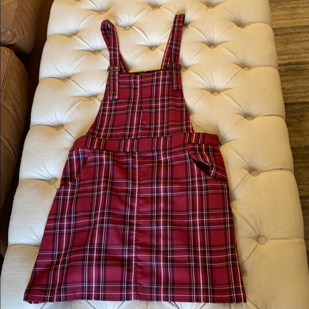 Plaid overall mini dress